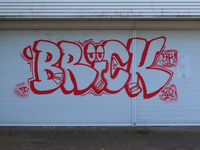 848977 Afbeelding van graffiti met de tekst 'BRiCK' uit 2020, op garagedeuren van de leegstaande garage van Renault en ...